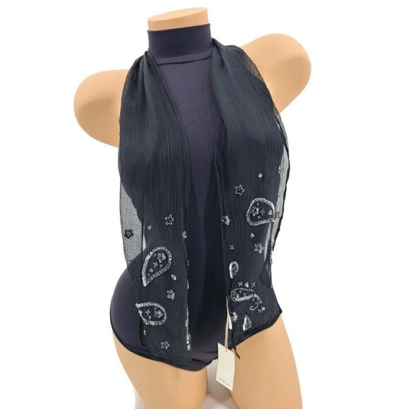 New Chan Luu Sheer Black Scarf Beaded Sequins Paisleys52 in X 5 in